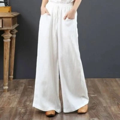 Women's Cotton Linen Wide Leg Pants – High Waist Loose Summer Trousers Xl - Image 1 of 4