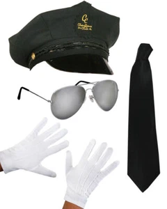 4 PC CHAUFFEUR CAP FANCY DRESS LIMO TAXI DRIVER COSTUME HAT GLASSES GLOVES TIE - Picture 1 of 2