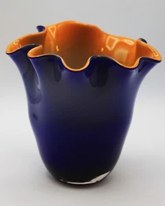 Gorgeous Designs Art Glass Cased Orange In Cobalt Blue Handkerchief Vase - Picture 1 of 5