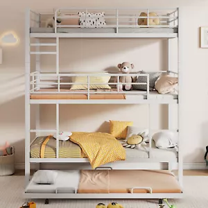 Metal White Color Twin Size Triple Bunk Bed With Trundle - Picture 1 of 12