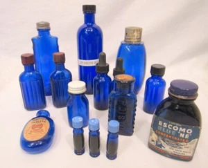 VINTAGE MIXED LOT OF 13 COBALT BLUE MEDICINE & MORE BOTTLES-LIFETIME (EZS002449) - Picture 1 of 12
