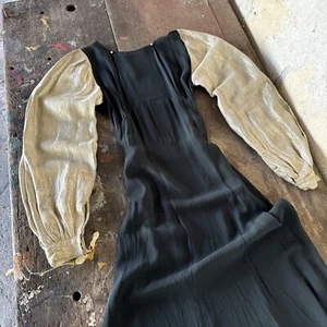 Vintage 1930s Black Silk Dress Silver Lamé Balloon Sleeves Metal Bead Accents - Picture 1 of 24