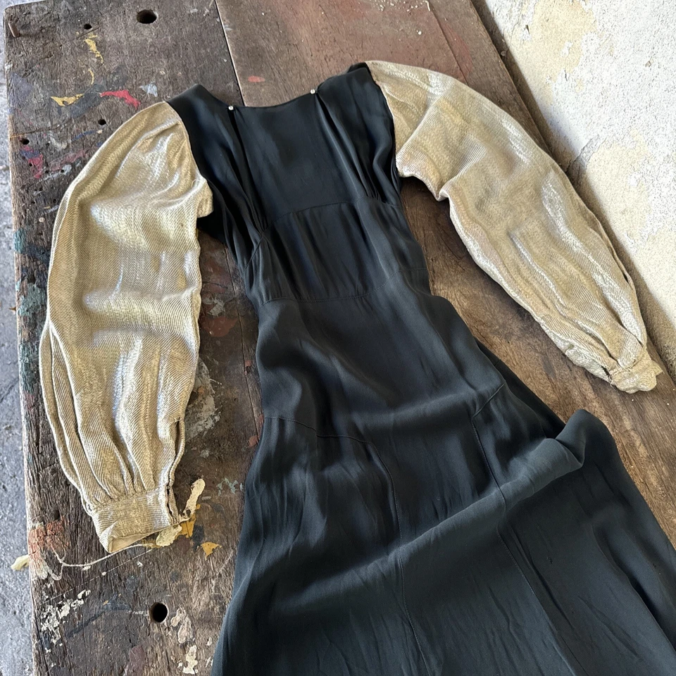 Vintage 1930s Black Silk Dress Silver Lamé Balloon Sleeves Metal Bead Accents - Image 1 of 4