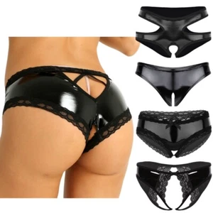 Women Wetlook Leather Panties Cheeky Crotchless Briefs Open Butt Thongs Lingerie - Picture 1 of 28