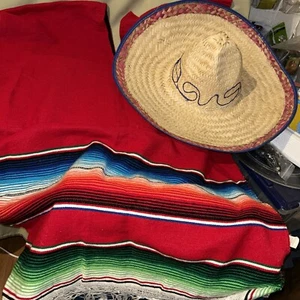 Poncho Mexicano Rojo Blanco Flecos Naranja Serape Hombre Sombrero Cinco de Mayo - Imagen 1 de 5
