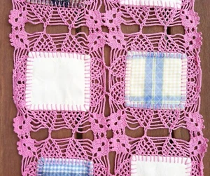 Vintage Crochet Table Runner Scarf with Fabric Squares PINK 72" x 13" - Picture 1 of 8