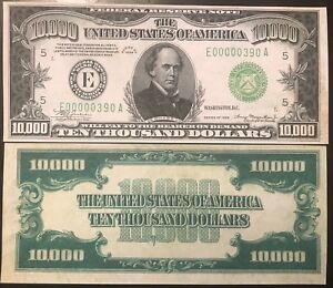 Reproduction United States 1934 $10,000 Bill Federal Reserve Note Copy USA 