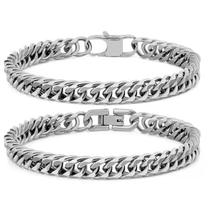 2PCS Cuban Link Bracelet, Silver Sturdy 316L Stainless Steel Cuban Link Chain... - Picture 1 of 6