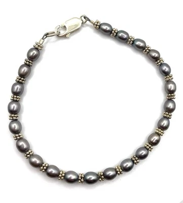 Brazalete de plata de ley/perlas de agua dulce de arroz azul 924 de 8"" de largo Foto 1 de 4