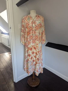 Zara Bloggers Printed Midi Kaftan Dress White Cream Orange Metallic VGC Medium - Picture 1 of 13