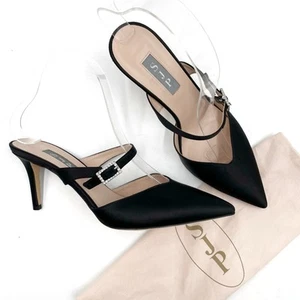 SJP Sarah Jessica Parker Gigi Mules Black Satin Crystal Buckle Pointed Sz 37 / 7 - Picture 1 of 10