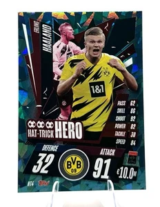 2020-21 Topps Attax Erling Haaland HAT TRICK HERO GREEN CRACKED ICE card HT4 - Picture 1 of 2