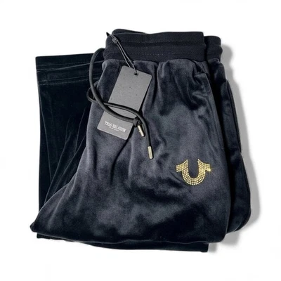 True Religion Velour Straight Leg Pants S Black Gold Rhinestone Logo NWT Women’s - Image 1 of 4