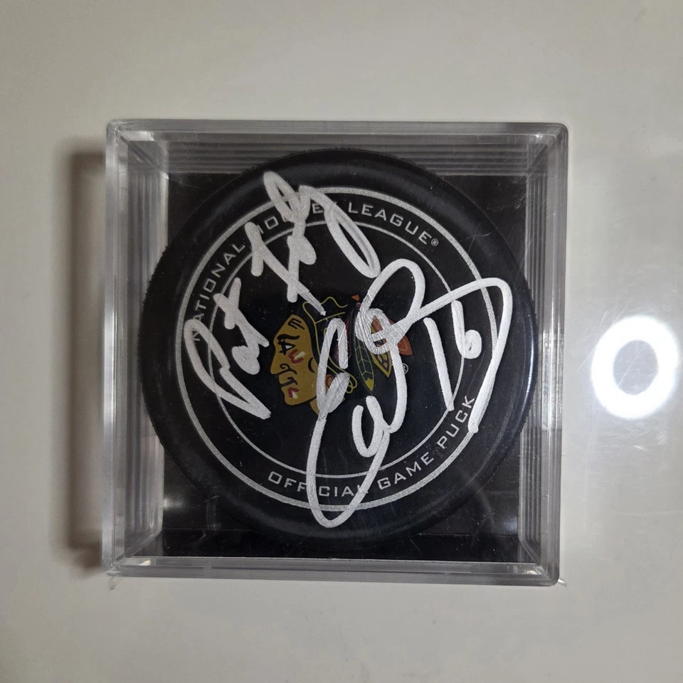 Eddie Olczyk Pat Foley Firmado Juego Oficial Puck Chicago Blackhawks Comentaristas Foto 1 de 1