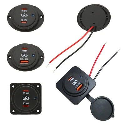 Carregador rápido USB duplo 12-24V QC 3.0 PD 60W tipo C soquete interruptor balancim led azul - Imagem 1 de 4