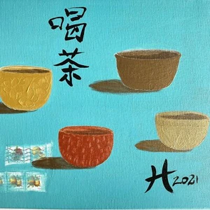 4 Cups (Drink Tea) - Original Wall Art Mixed Media Asian Fusion Painting 11"x14" - Picture 1 of 8