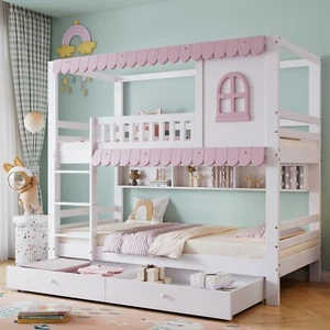 Etagenbett Hochbett Kinderbett Hausbett Doppelstockbett 90x200cm mit Schubladen - Bild 1 von 14