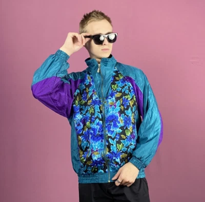 Chaqueta cortavientos floral vintage de los 90 ediciones básicas para hombre - talla M azul Foto 1 de 4