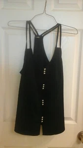 My Story Blouse, Women's size Medium,  Black,  Gold Buttons, Strappy, EUC  - Picture 1 of 4