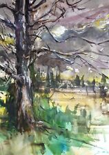 PEINTURE PAYSAGE AQUARELLE ORIGINALE AUTOMNE BOIS NATURE FORÊT CRÉPUSCULAIRE 12X8 pouces