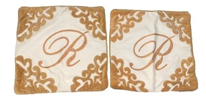 Set Of 2 Pier 1 Linen And Honey Velvet R Monogram Throw Pillow Covers 18x18 - Picture 1 of 5