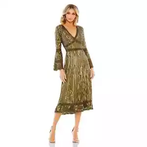 Mac Duggal Embellished Bell Sleeve V-Neck Tea Length Dress Size 12 NWT - Picture 1 of 12