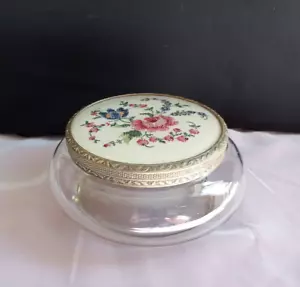 Vintage Glass Powder Jar Vanity Table Needlepoint Lid Trinkets - Picture 1 of 16