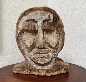 Primitive Volkskunst Kopf Skulptur handgeschnitzt Palmenholz Stamm rustikal Inselbewohner - Bild 1 von 7