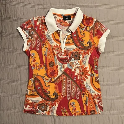 Camisa polo feminina Bogner paisley vermelha e laranja pequena/4 EUA - Imagem 1 de 4