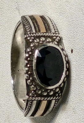 Anillo meñique piedra zafiro para hombre plata de ley 925 con cuentas 2 tonos lados talla 9 4,7 g Foto 1 de 4