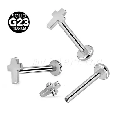 2pcs. 16G G23 Titanium Cross Top Internally Threaded Labret Tragus Stud - Image 1 of 3