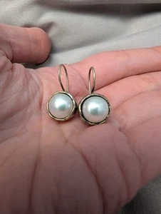 Sterling Silver 925 Israel Cultured Pearl Hook Dangle Hanging Earrings - Picture 1 of 7
