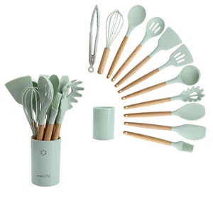 12 PCS Silicone Kitchenware Utensil Set with Wooden Handle & Holder Green - Picture 1 of 7