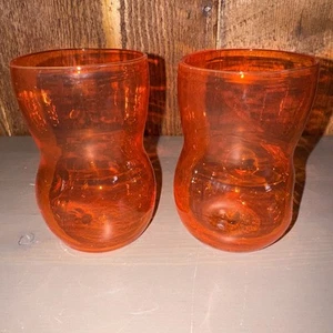 Pair Of Vintage MCM Hand Blown Juice Glasses~Dimpled~ Tangerine ~Orange~ - Picture 1 of 6