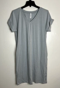 Light Gray V-Neck Roll Sleeve Pocket T-Shirt Dress - Picture 1 of 4