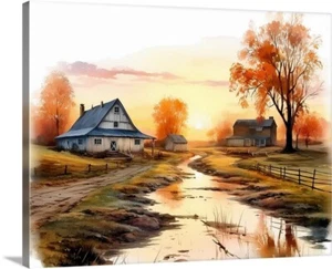 Farmhouse Creek old Barn Rustic Canvas Wrap Painting 16 x 20 Sunset Wall Art - Picture 1 of 4