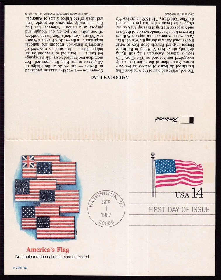 1987 U. S. Flag 14c reply postal card FDC Sc UY38 with Fleetwood cachet (ZA - Image 1 of 1
