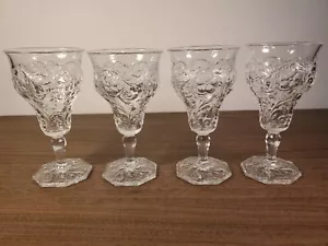 4 Flower Embossed Wine Drinking Glasses Goblet Octagon Base - Picture 1 of 8