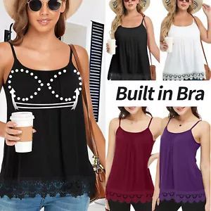 Boho Women Camisole Built in Bra Flowy Lace Tank Top Loose Vest With Shelf Bra - Picture 1 of 49