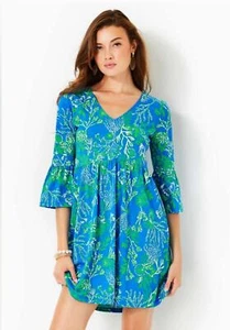 Nuevo sin etiquetas Mini Vestido Lilly Pulitzer Azul Salobre Manga Campana Salada Talla XXS Algodón - Imagen 1 de 12