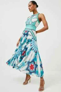 Lovely Karen Millen new mint geo guipure lace tie dye pleat midi dress, 6, £299 - Picture 1 of 10
