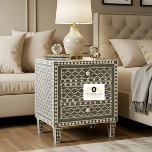 Bone Inlay Nightstand Table |Bedside Table Three Drawers | Geometric Floral Desi - Picture 1 of 11