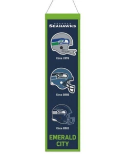 SEATTLE SEAHAWKS EVOLUTIONS BANNER EMBROIDERED WOOL 8"X32" W/ HANGING ROPE - Picture 1 of 1