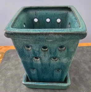 Orchid Aqua/Blue Ceramic Plant Pot w/Attached Saucer 7.5" Tall - Picture 1 of 4