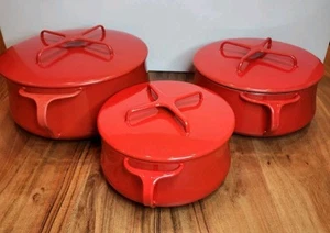 Vintage Dansk Kobenstyle rot Emaille 3-teiliges Topfset 2qt 3qt 4qt mit Deckel - Bild 1 von 13