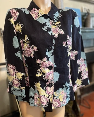 Emma James Jacket Blazer Size 14 Blue Yellow Pink Floral Linen Button Down - Image 1 of 4