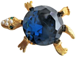 Broche prendedor de tortuga vientre gelatina de vidrio azul vintage tono dorado ojos verdes cuentas nuevo sin etiquetas - Imagen 1 de 11
