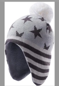 Kids Fleece Lined Beanie Hat Toboggan Stars Stripes Bk/Wh (Size L 4-8 Year Old) - Picture 1 of 5
