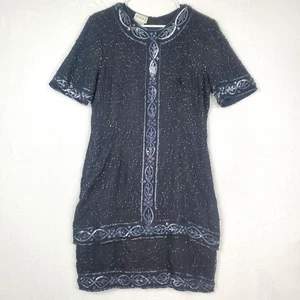 Vintage Stenay Beaded Silk Cocktail Dress 14 Petite Navy Blue Sequins - Picture 1 of 16