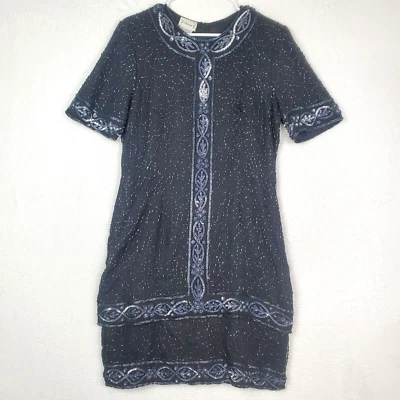 复古 Stenay 串珠丝绸鸡尾酒礼服 14 小号海军蓝亮片 — 第 1/4 张图片